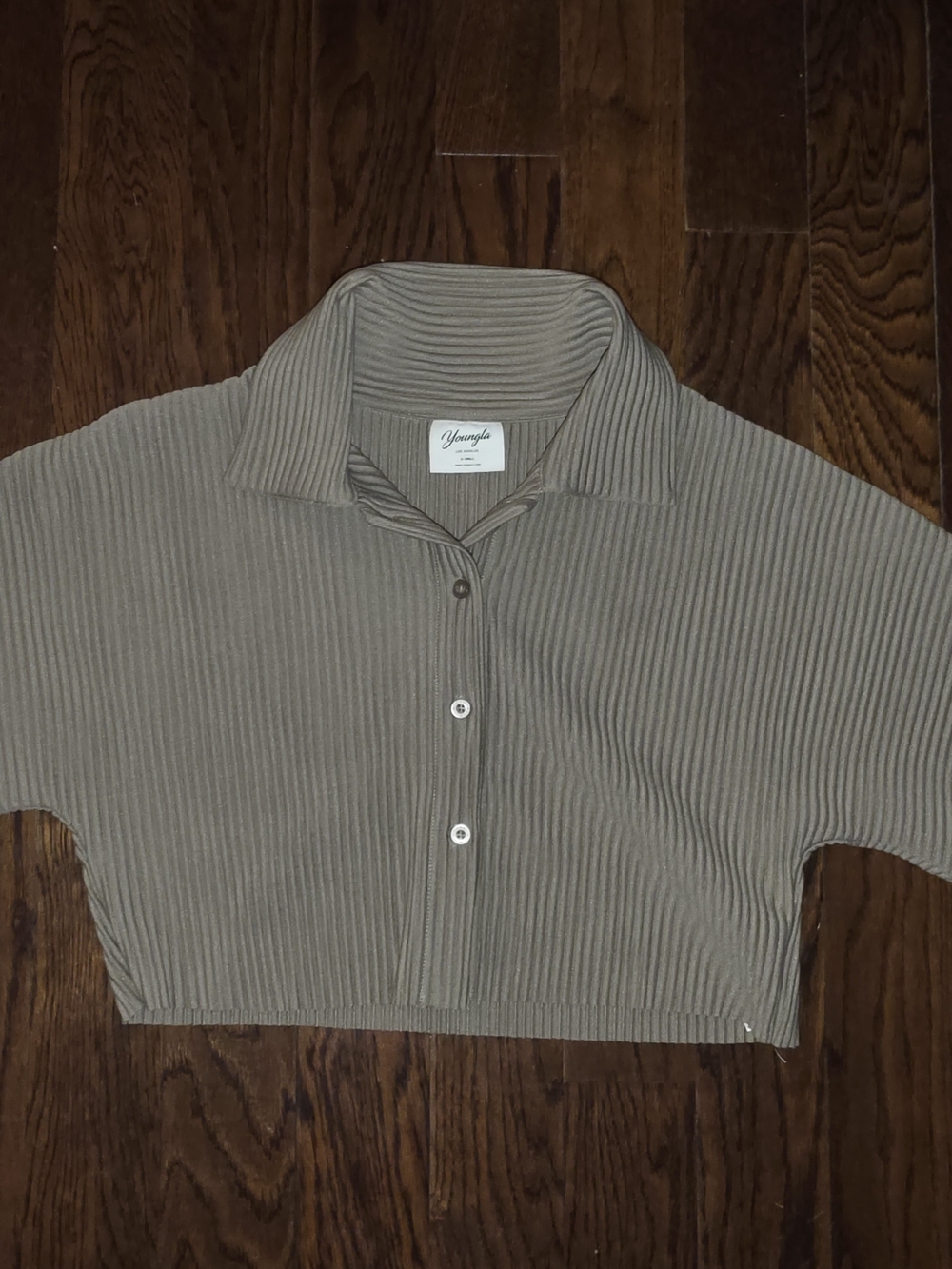 YoungLA Ribbed Button-Front Polo Top - Taupe